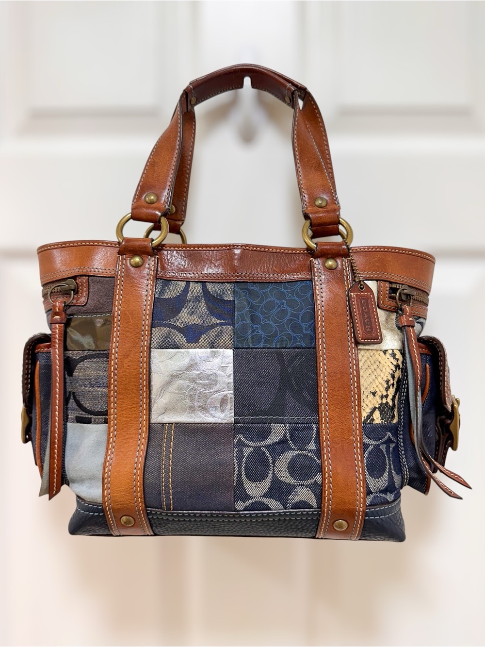 Coach Legacy Tote Bag Mosaic Denim Patchwork Mixed‎ Media Suede Snake Y2K
